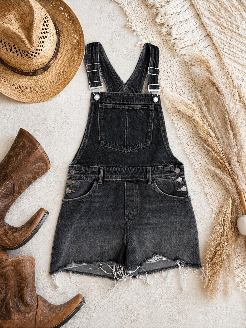Y2K Wrangler women’s Denim Shortall Overalls - Distressed Rustic Black Size XS